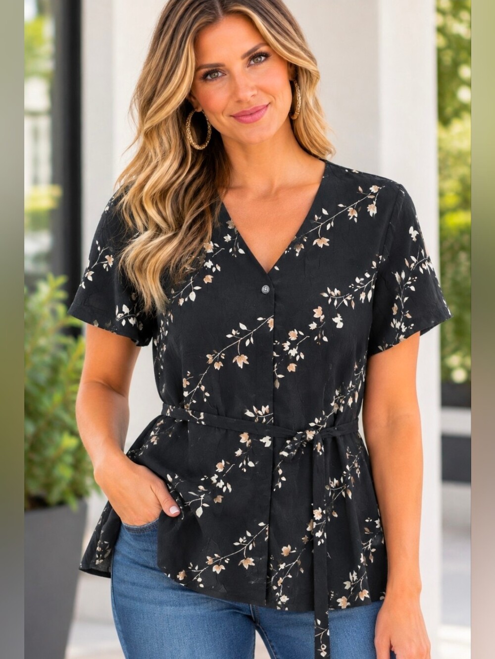 Norton McNaughton Black Floral Button-Front Tie Top